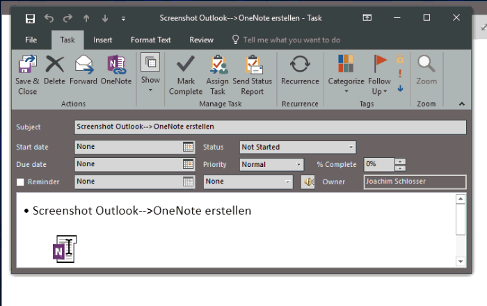 Outlook Aufgabe zu OneNote navigieren